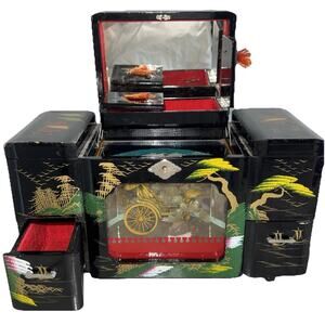 Vintage Jewelry Box Asian Music MOTION Geisha Mirror Japan Handpainted Works 13"